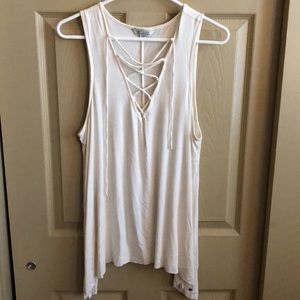 White lace up v-neck tank